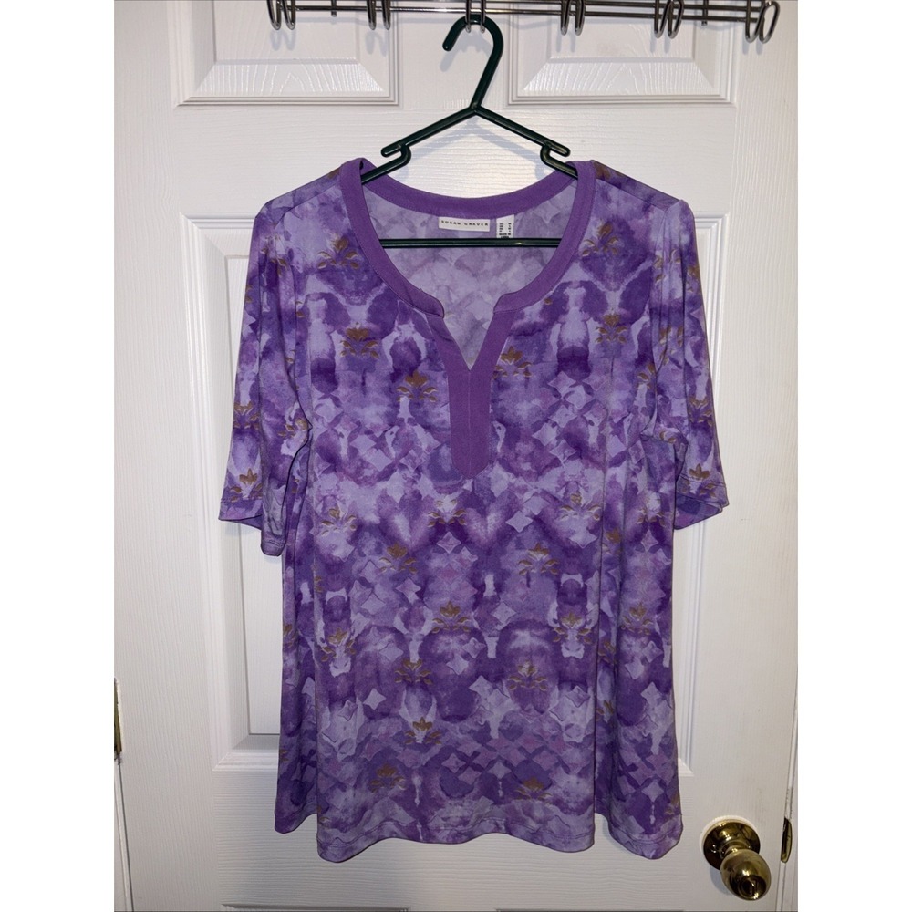 Susan Graver Liquid Knit Print Top Purple Size M Elbow Sleeve Tunic A644491